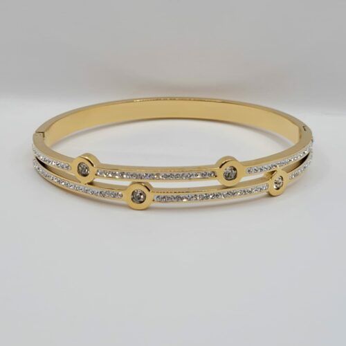 Bracelet Deux Rangs Acier Inoxydable Doré Et Strass