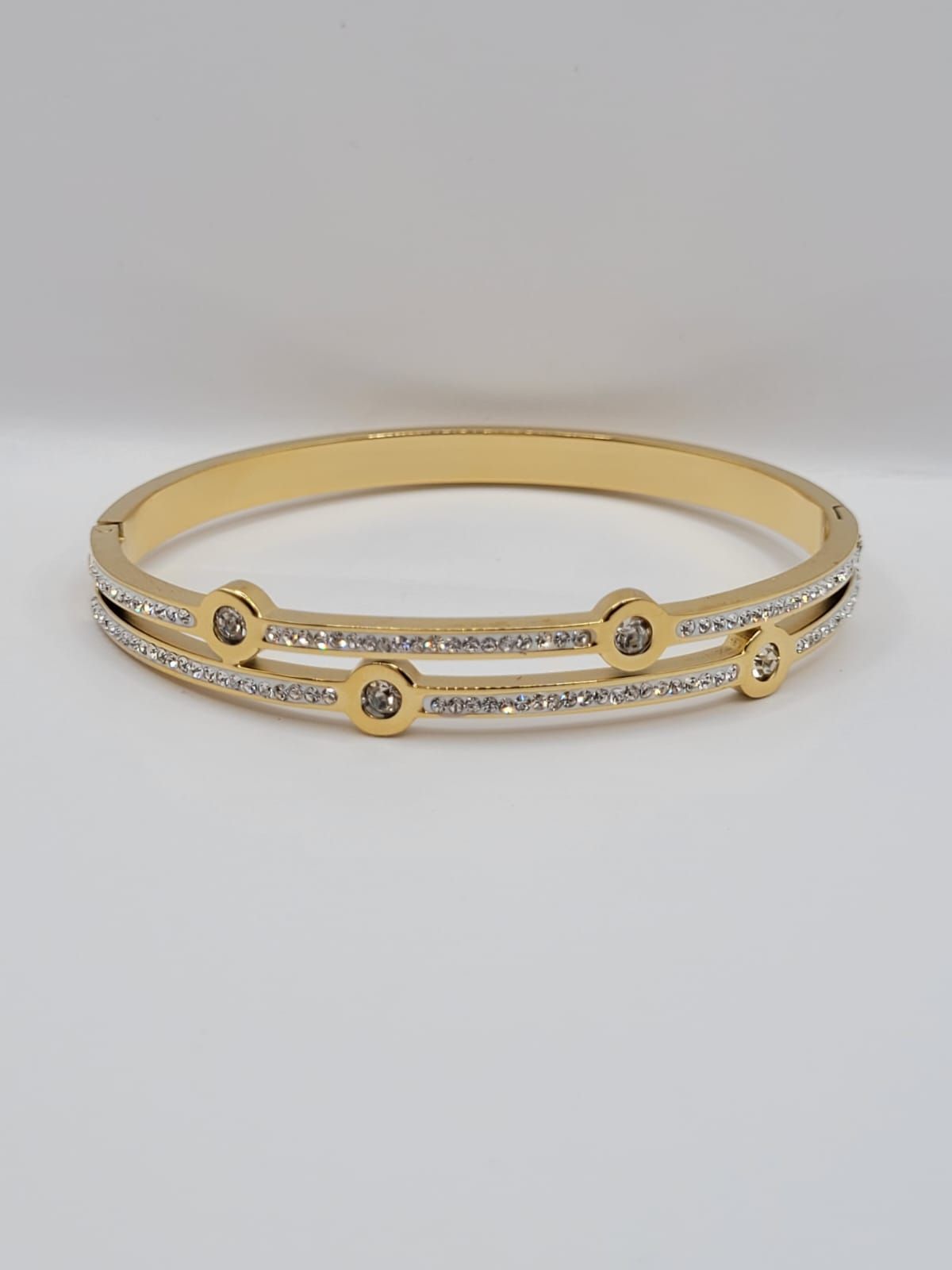 Bracelet Deux Rangs Acier Inoxydable Doré Et Strass