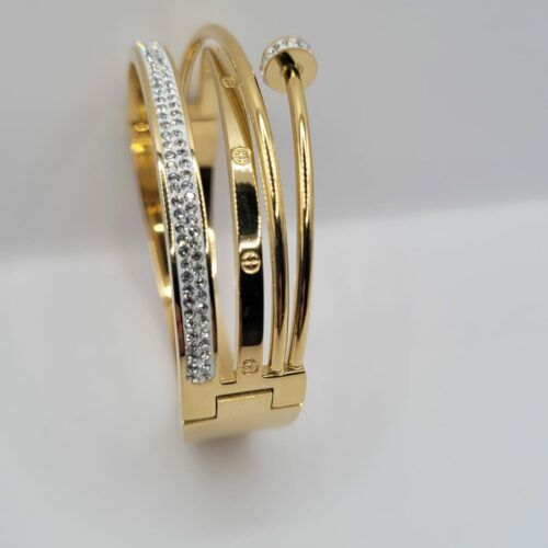 Bracelet Trois Rangs Acier Inoxydable Doré Et Strass