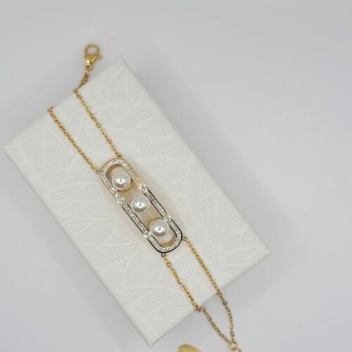 Bracelet Acier Inoxydable Trois Perles Doré Et Strass