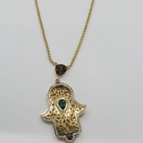 Collier Main Acier Inoxydable Doré Pierre Verte
