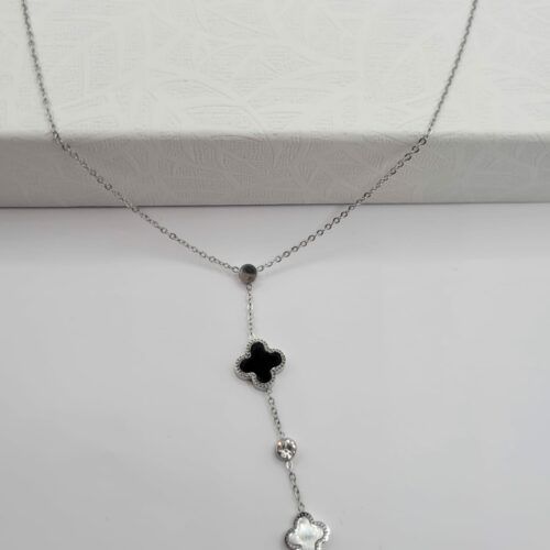 Collier Trèfle Noir Et Blanc En Acier Inoxydable Argenté