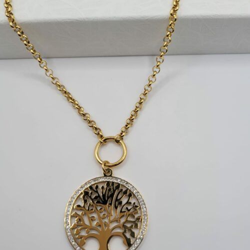 Collier Acier Inoxydable Arbre Doré avec Strass