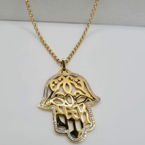 Collier Sautoir Main Acier Inoxydable Doré Et Strass