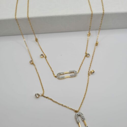 Collier Acier Inoxydable Double Pendentifs Doré avec Strass