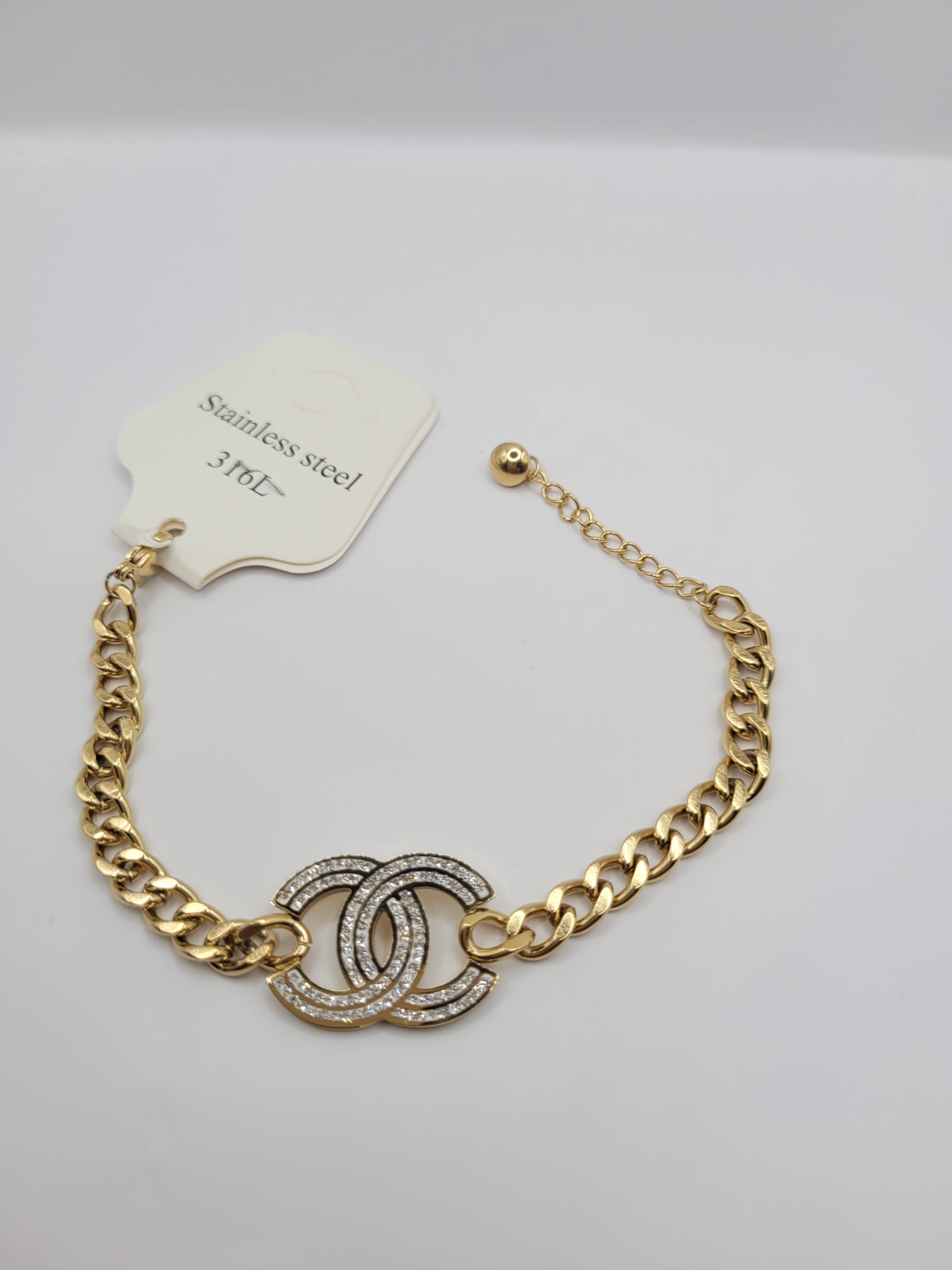 Bracelet Acier Inoxydable Double C avec Strass