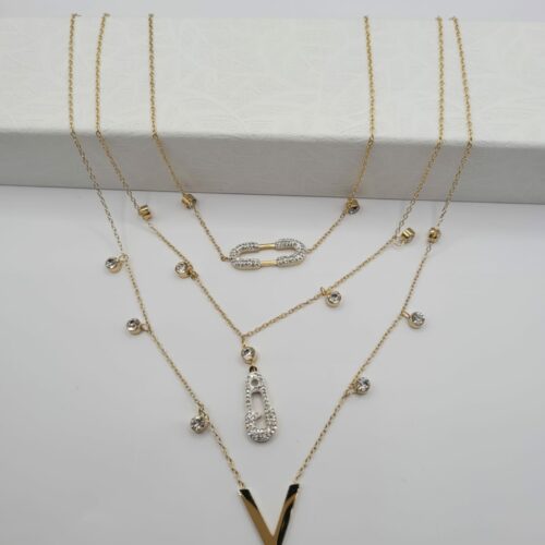 rédige moi un article qui vente le design et le style du Collier Triples Chaines avec Trois Pendentifs Doré et Strass pour une boutique de bijoux en ligne
