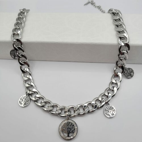 Magnifique Collier Arbre Acier Inoxydable Argenté Et Strass