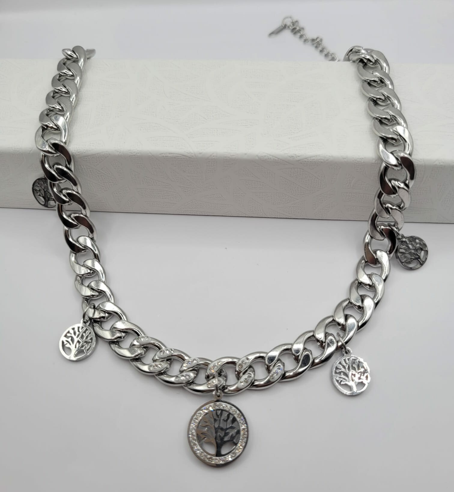 Magnifique Collier Arbre Acier Inoxydable Argenté Et Strass